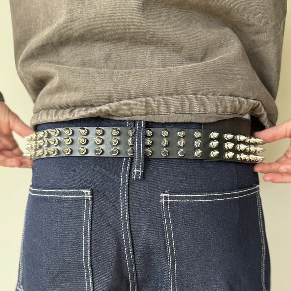 Y2K Black Leather Punk Belt Silver Studs Adjustable Fits 26-36 Unisex Style - Picture 1 of 13